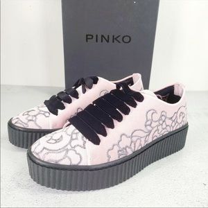 NWT Pinko Chunky Platform Sole Sneaker Size 8 Velour Embroidered Floral $455